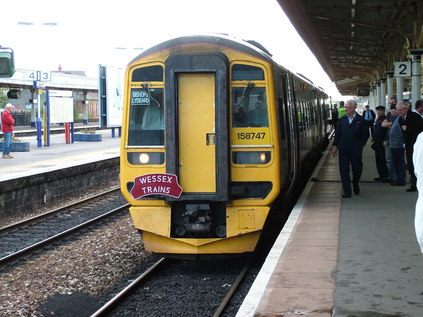 158747 with incongruous 'Wessex Trains' headboard waits to head for Bishops Lydeard