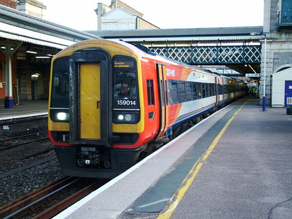 159014 rests at Exeter St Davids after working from London Waterloo