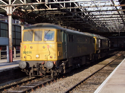 86614 prepares to lead 66588 out of Crewe