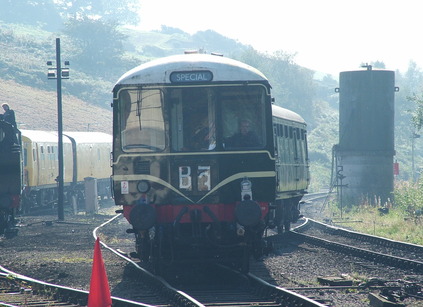 The CVR resident Class 104 emerges from the mist at Cheddleton